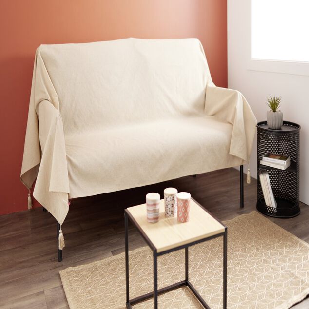 Jet&eacute; de canap&eacute; &agrave; pompons 170x250cm coton recycl&eacute; noir ou beige