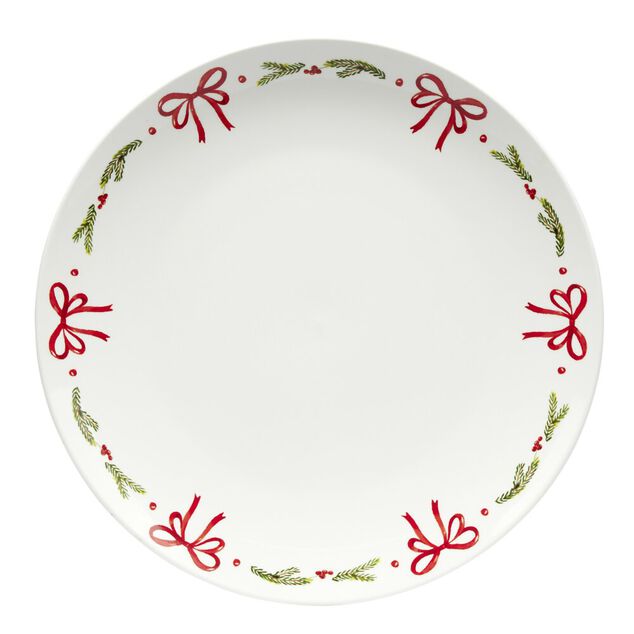 Assiette plate c&eacute;ramique blanche bord noeuds rouges &Oslash;26,5cm