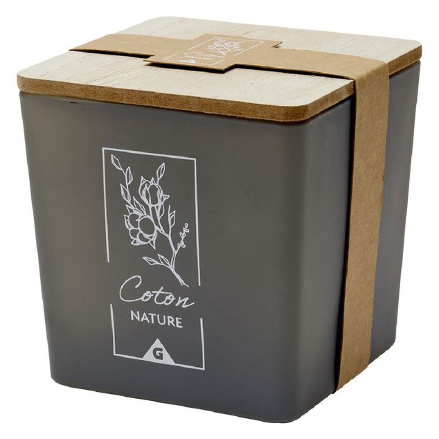 Bougie dans pot carré avec couvercle bois senteur coton