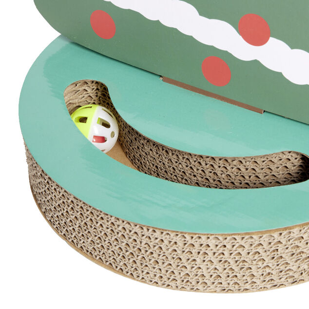 Grattoir carton forme sapin de No&euml;l et jeu de balle pour chat &Oslash;33xH28,5cm