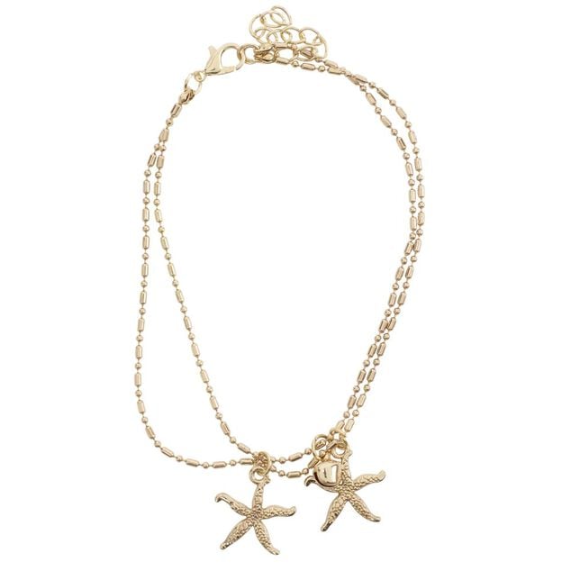 Cha&icirc;ne cheville 2 rangs pampilles &eacute;toiles de mer m&eacute;tal dor&eacute; L11cm