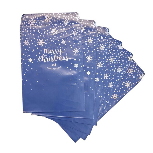 Pochette cadeau Noël x6 Merry Christmas and Happy New Year bleu étoilé 20x28cm