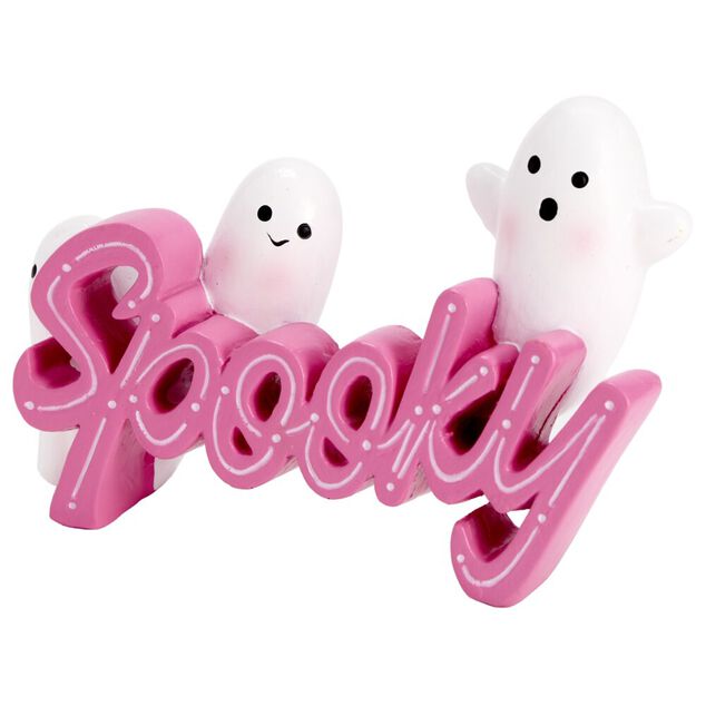 D&eacute;coration Halloween fant&ocirc;mes mignons spooky r&eacute;sine rose et blanc 10x15cm