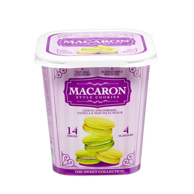 Biscuits macarons style cookies 4 parfums 14 pi&egrave;ces dans bo&icirc;te 88gr