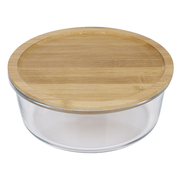 Bo&icirc;te de conservation ronde en verre avec couvercle en bambou 1,2L