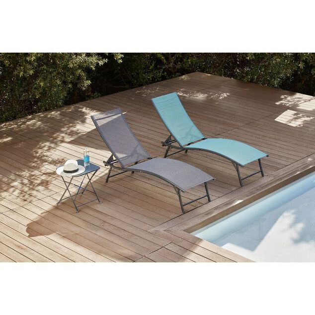Transat bain de soleil Bahia 5 positions textil&egrave;ne bleu 182x55xH36-92cm