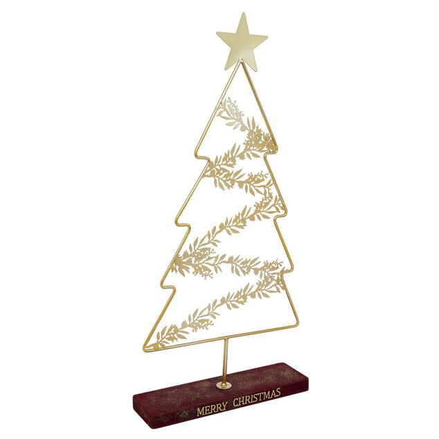 Sapin de No&euml;l sur socle Merry Christmas &agrave; poser m&eacute;tal dor&eacute; 35x10xH75cm
