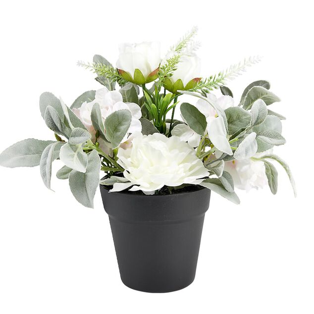 Composition florale artificielle pot pivoine/hortensia/oreille d'ours