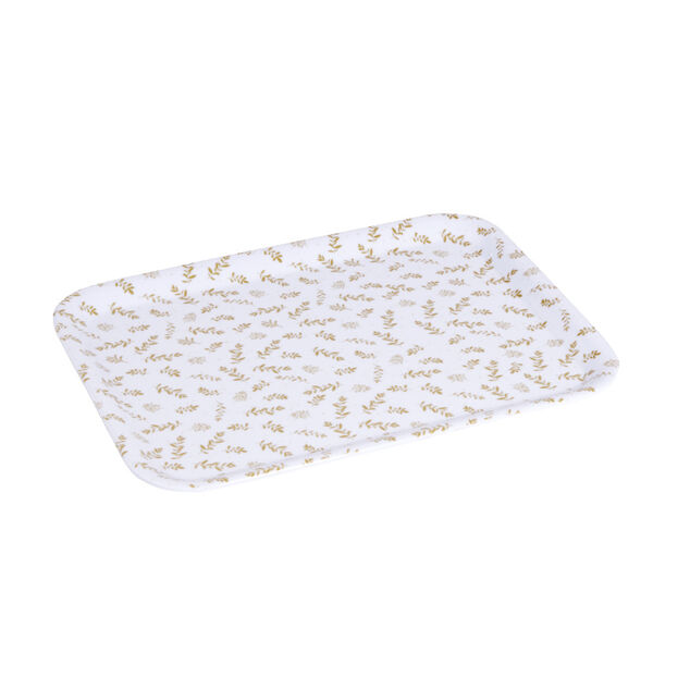 Plateau de service rectangulaire mélaminé blanc motif feuillage doré 21x28cm