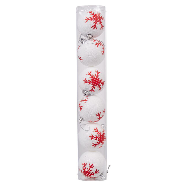 Boule de no&euml;l en mousse design flocon blanc rouge x6