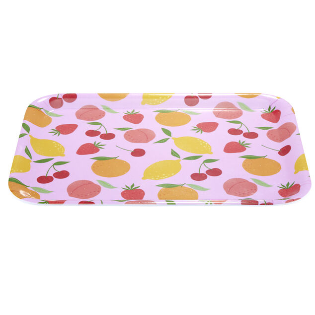 Plateau en mélaminé rose motifs fruits 29x22xH1,5cm
