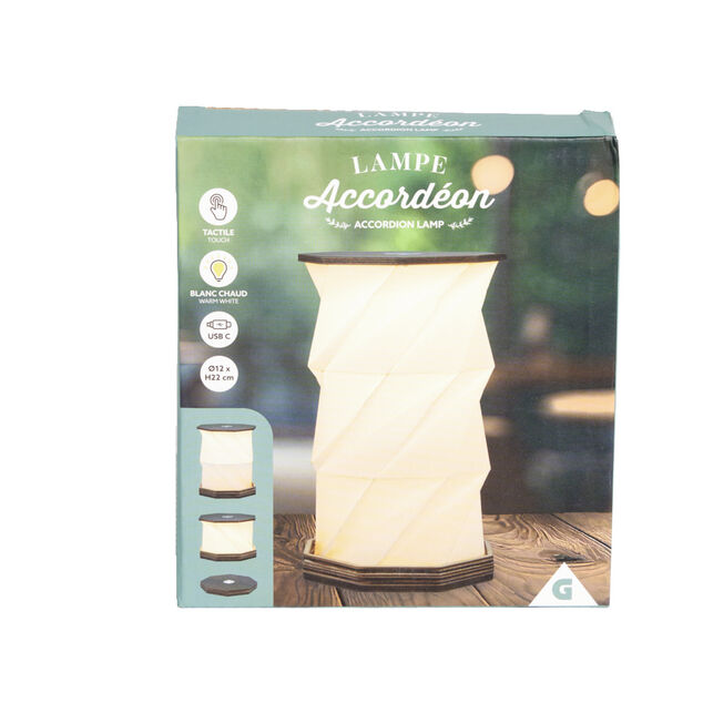 Lampe accord&eacute;on USB tactile en bois blanc chaud &Oslash;12xH22cm