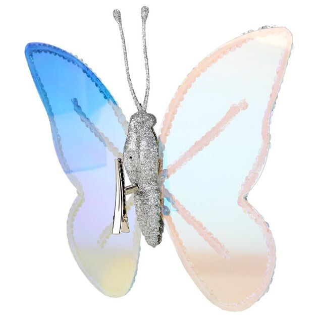 Papillon iris&eacute; bleu &agrave; clipser 17X20cm