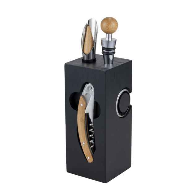 Accessoire &agrave; vin 6 pi&egrave;ces avec support en bois noir 6x6xH16cm