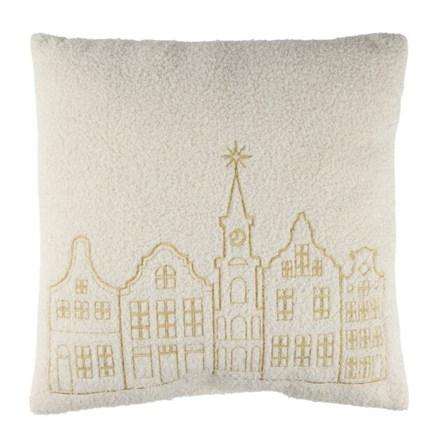 Coussin carr&eacute; imprim&eacute; village de No&euml;l tissu bouclette L40X40X&eacute;p. 8 cm blanc