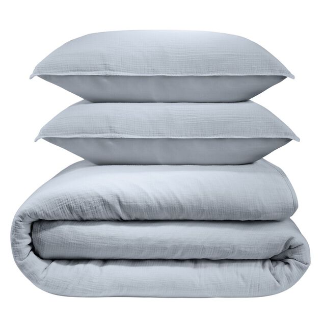 Parure de lit 240x260cm 2 personnes unie gaze de coton bleu clair 3 pièces