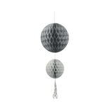 Suspension 2 boules avec pompon papier gris