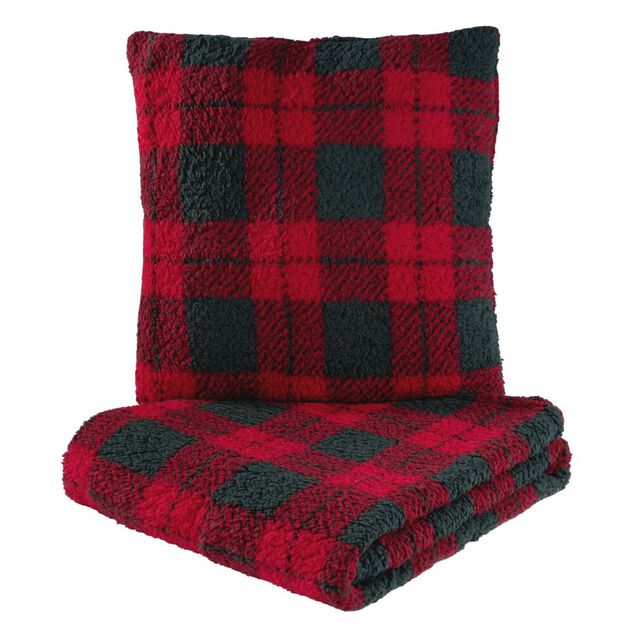 Coussin carr&eacute; L45X45 cm et plaid L160X130 cm motif assorti polyester (3 mod&egrave;les rouge/beige/vert)
