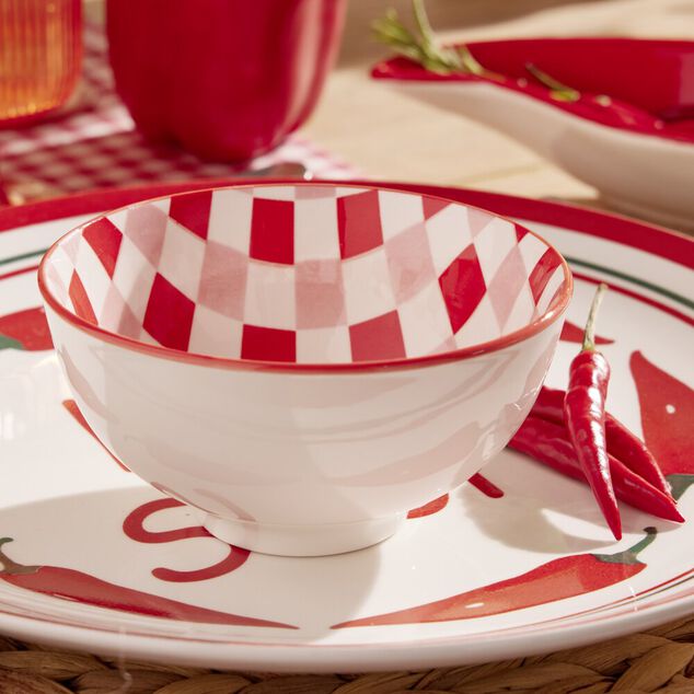 Bol porcelaine th&egrave;me piment motif quadrillage rouge rose blanc &Oslash;11,5xH6cm