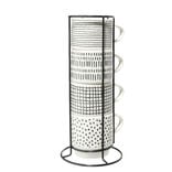 Lot de 4 tasses empilables 20cl porcelaine blanc et noir avec support m&eacute;tal