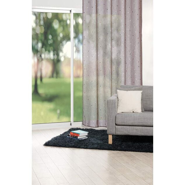 Voilage &agrave; oeillets effet lin taupe imprim&eacute; pois 140x240 cm