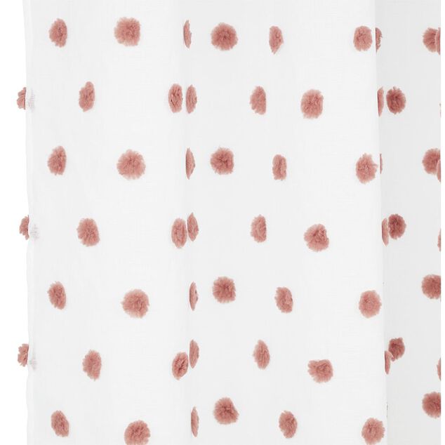 Voilage polyester &agrave; pompon 140x240cm blanc et rose