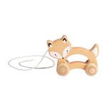 Animal &agrave; roulettes renard en bois orange H12cm