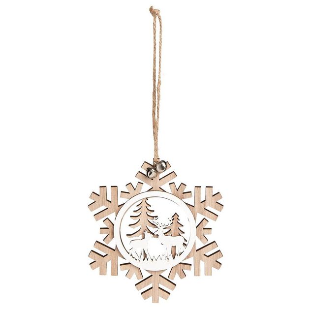 Suspension village de No&euml;l dans flocon en bois H12cm - 2 mod&egrave;les