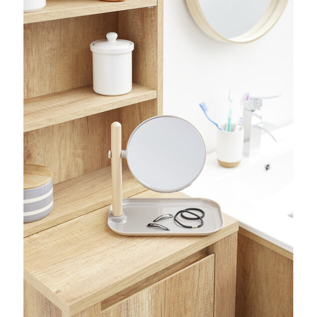 Miroir &agrave; poser rond double face avec plateau de rangement 22x14xH23cm