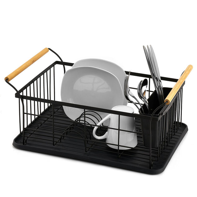 &Eacute;gouttoir range-couverts poign&eacute;es bambou plateau noir mat