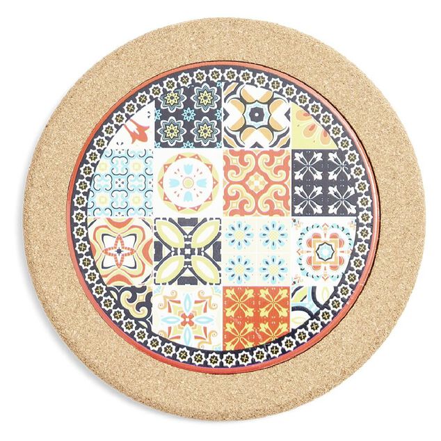 Dessous de plat rond en c&eacute;ramique design carreau de ciment &Oslash;20cm