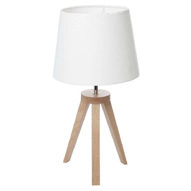 Lampe abat jour blanc sur tr&eacute;pied bois
