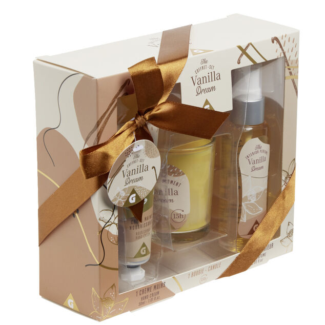Coffret senteur avec bougie/cr&egrave;me mains/parfum d'int&eacute;rieur