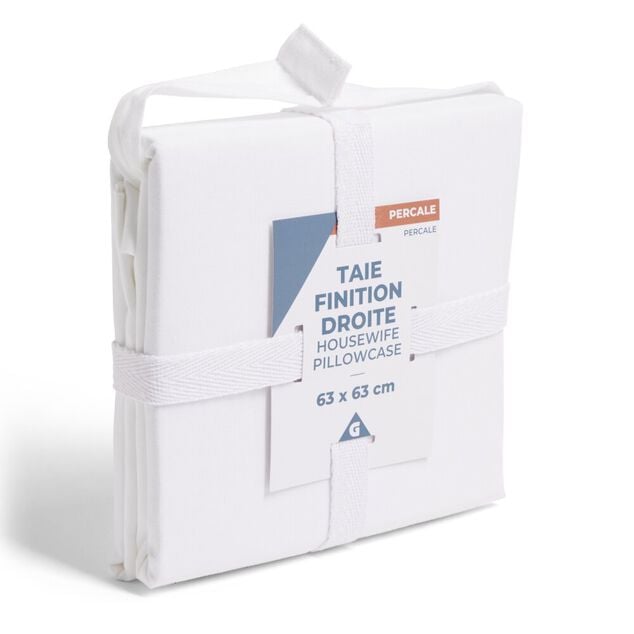 Taie d'oreiller 63x63cm 100% coton percale finition droite blanc