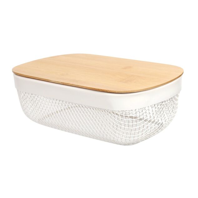 Corbeille cuisine 3L m&eacute;tal grillag&eacute; blanc avec couvercle bambou 28x18xH9cm
