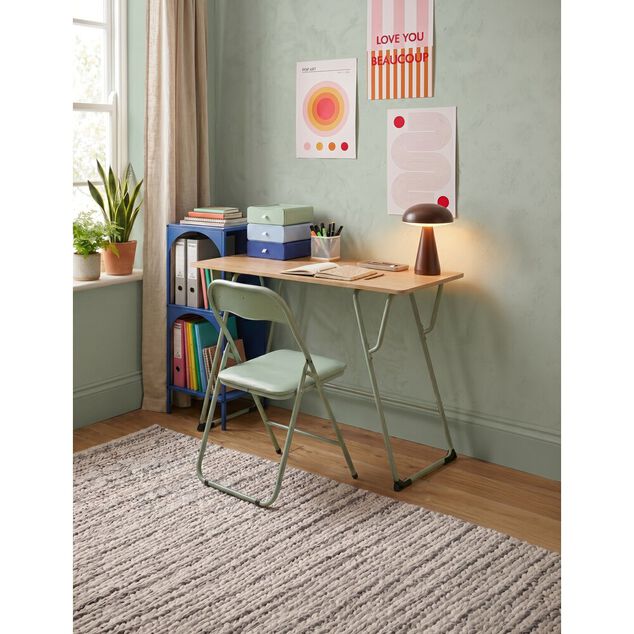 Bureau rectangulaire Moderna plateau bois et chaise m&eacute;tal vert 120x48xH75cm