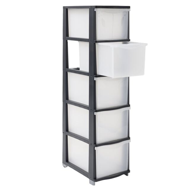 Colonne rangement 5 tiroirs A4 13,5L plastique noir et transparent L27xP37xH102,5cm
