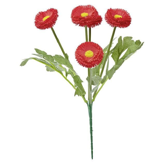 Piquet de 5 Chrysanth&egrave;mes rouges ouvertes en poly&eacute;thyl&egrave;ne