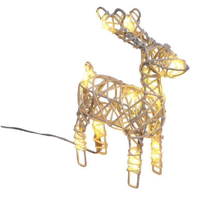 Renne de No&euml;l lumineux m&eacute;tal et rotin 10LED blanc chaud H21cm