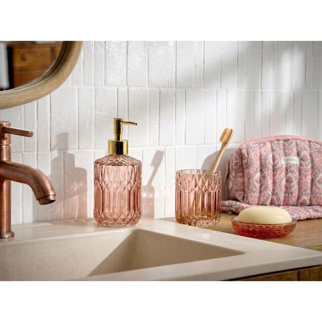 Distributeur de savon en verre cisel&eacute; et bouchon dor&eacute; &Oslash;8xH18,5cm (2&nbsp;mod&egrave;les)