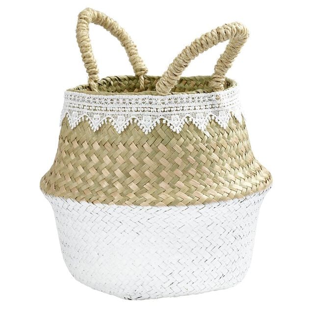 Pani&egrave;re en jute blanc naturel d&eacute;cor dentelle &Oslash;20xH15 cm