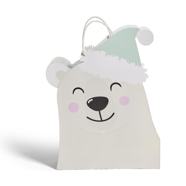 Sac cadeau No&euml;l en papier forme t&ecirc;te ours blanc 25,5xH31,5cm