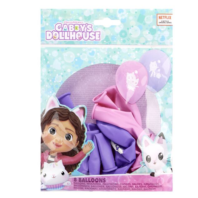 Ballon de baudruche latex x8 Gabby's Dollhouse rose et violet 15x21,5cm