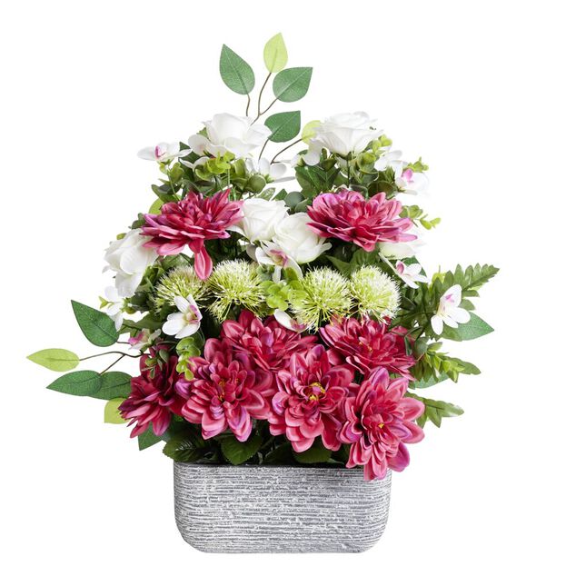 Composition florale artificielle multifleur fuschia jardini&egrave;re ciment H60cm