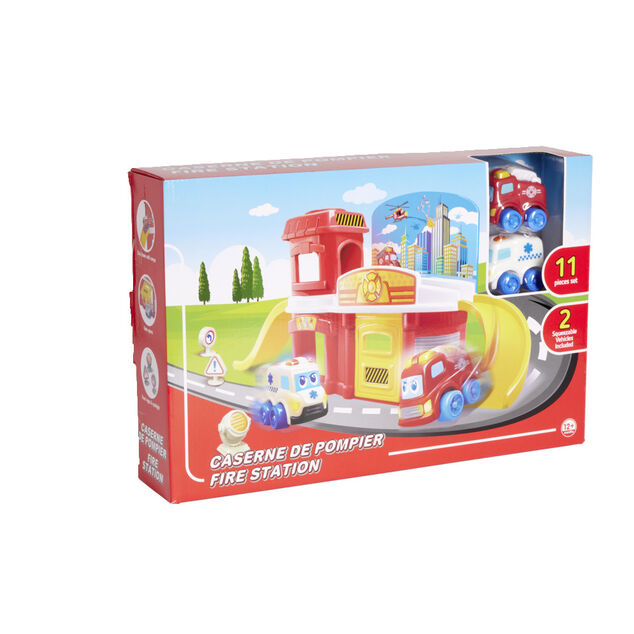 Caserne de pompier 11 pi&egrave;ces 2 v&eacute;hicules 60,5x19xH22,2cm