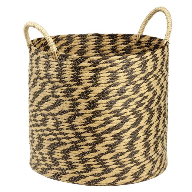 Pani&egrave;re ronde roseau et papier naturel noir &Oslash;35xH35cm