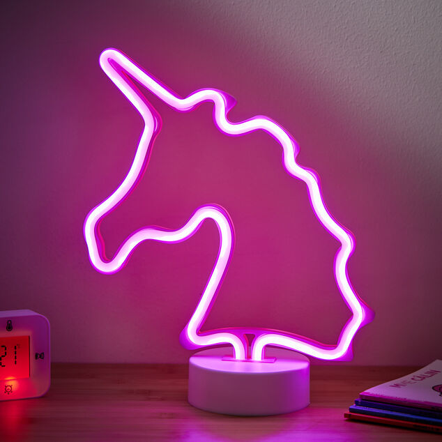 Lampe &agrave; poser d'ambiance n&eacute;on rose forme licorne 20x10xH24,5cm