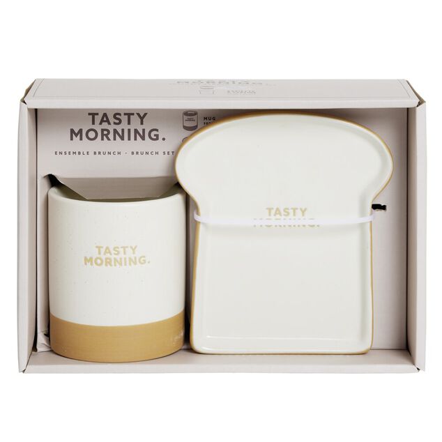 Coffret mug Ø8,5xH9,5cm avec coupelle forme tartine en céramique 13,5x15cm