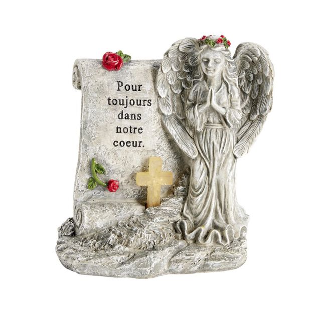 Plaque fun&eacute;raire LED avec ange polyr&eacute;sine gris 18,5x12xH20,5cm