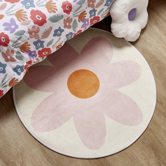 Tapis rond blanc motif fleur &Oslash;90cm (2 mod&egrave;les jaune ou rose)